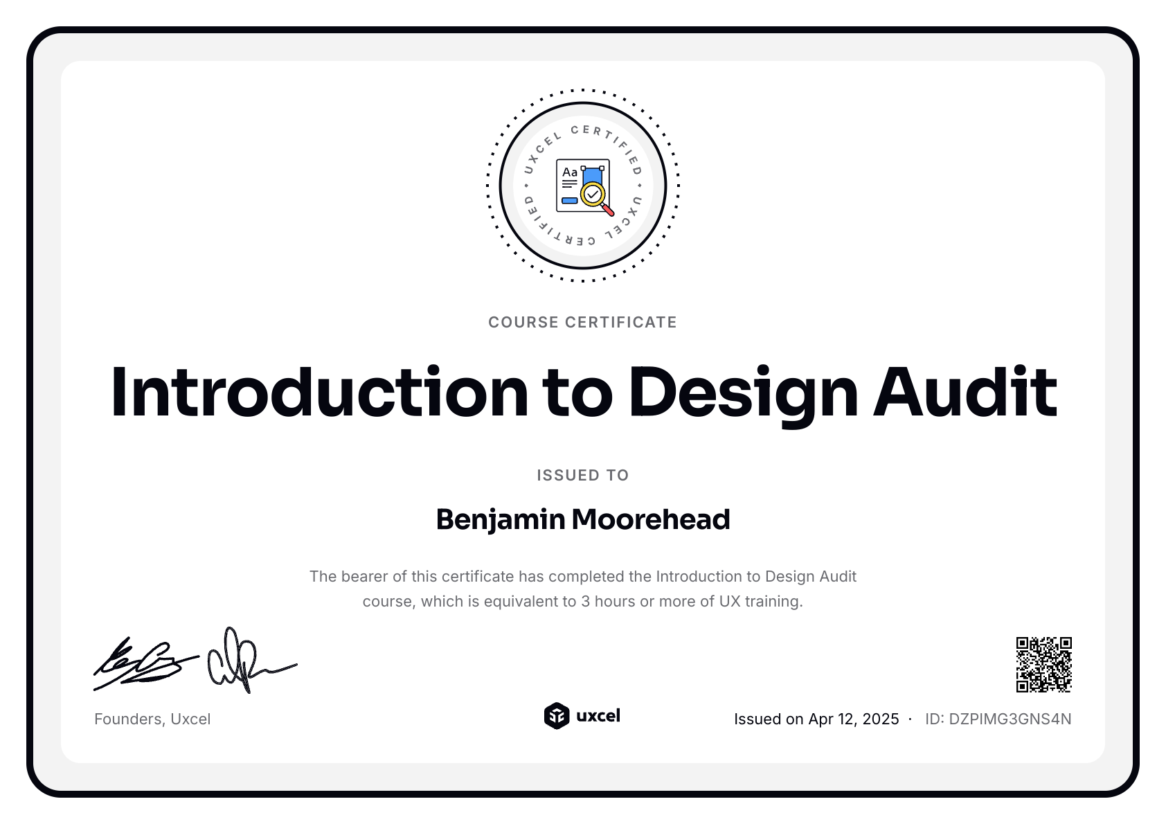 Benjamin Moorehead's certificate